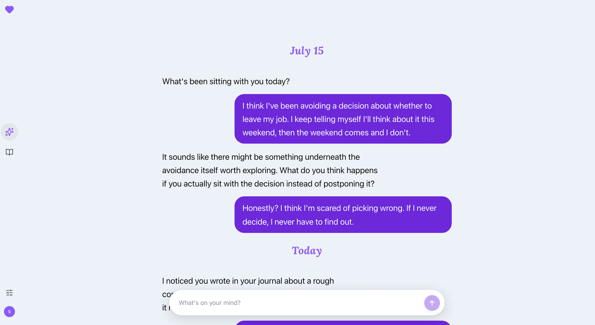 A Guide conversation exploring a hard decision, in light mode