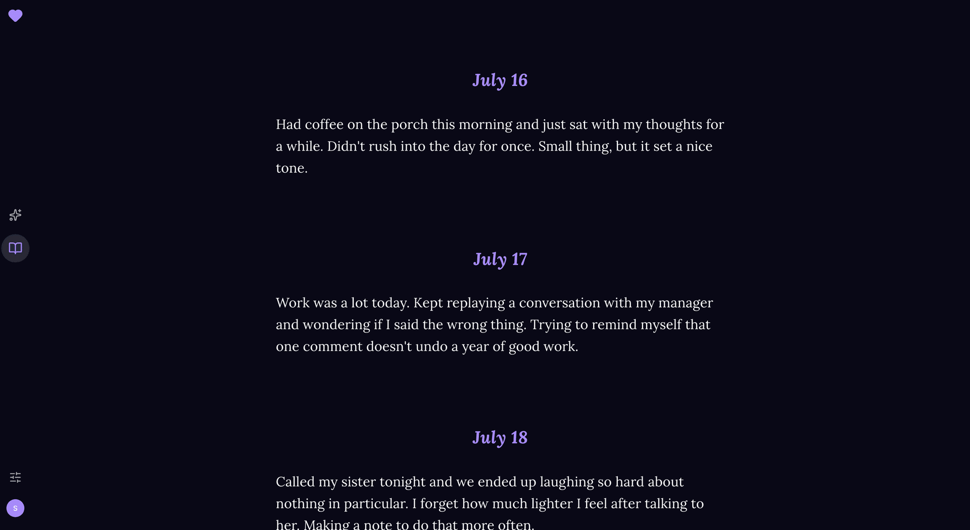 KindMind journal feed in dark mode, showing several days of entries
