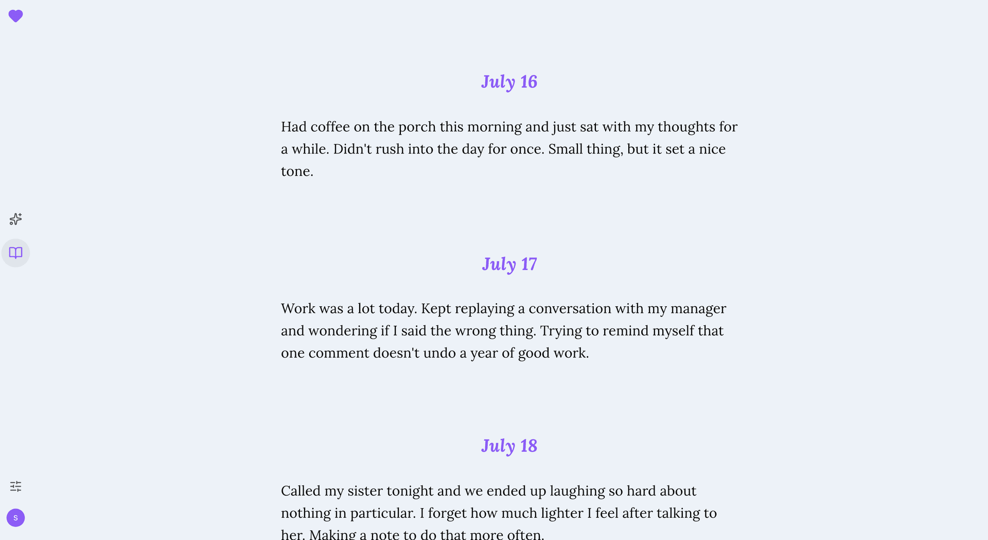 KindMind journal feed in light mode, showing several days of entries