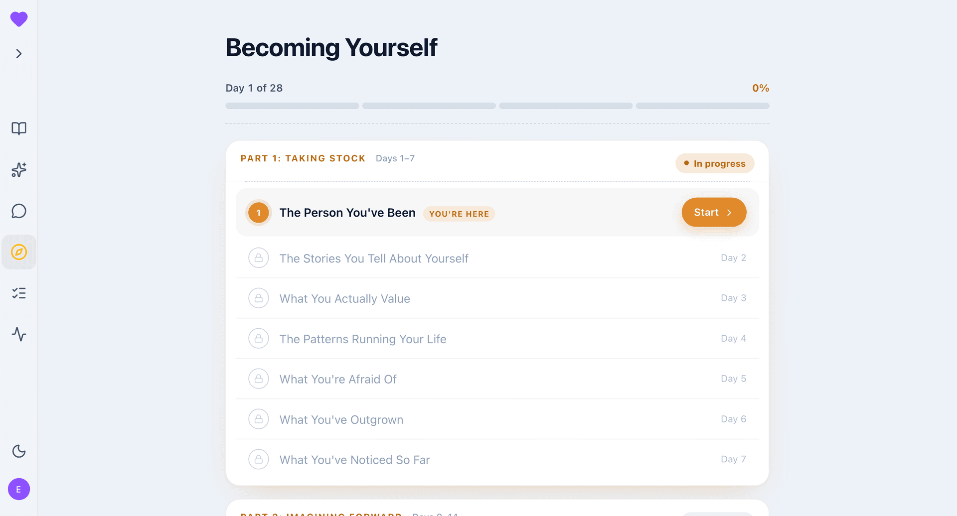 A journey's day-by-day plan, grouped into parts, with a goal date