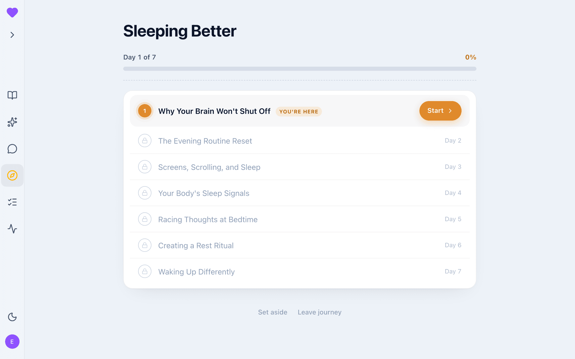 Sleeping Better journey overview: the day-by-day plan toward a goal