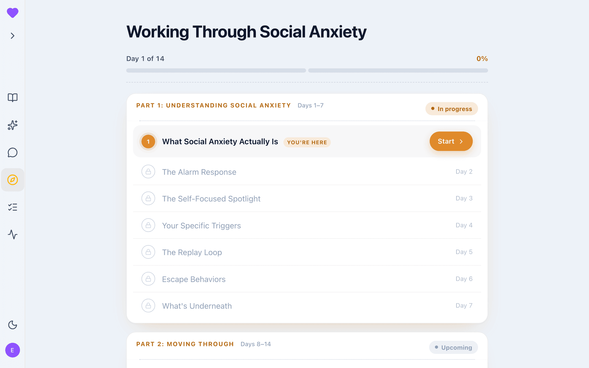 Working Through Social Anxiety journey overview: the day-by-day plan toward a goal