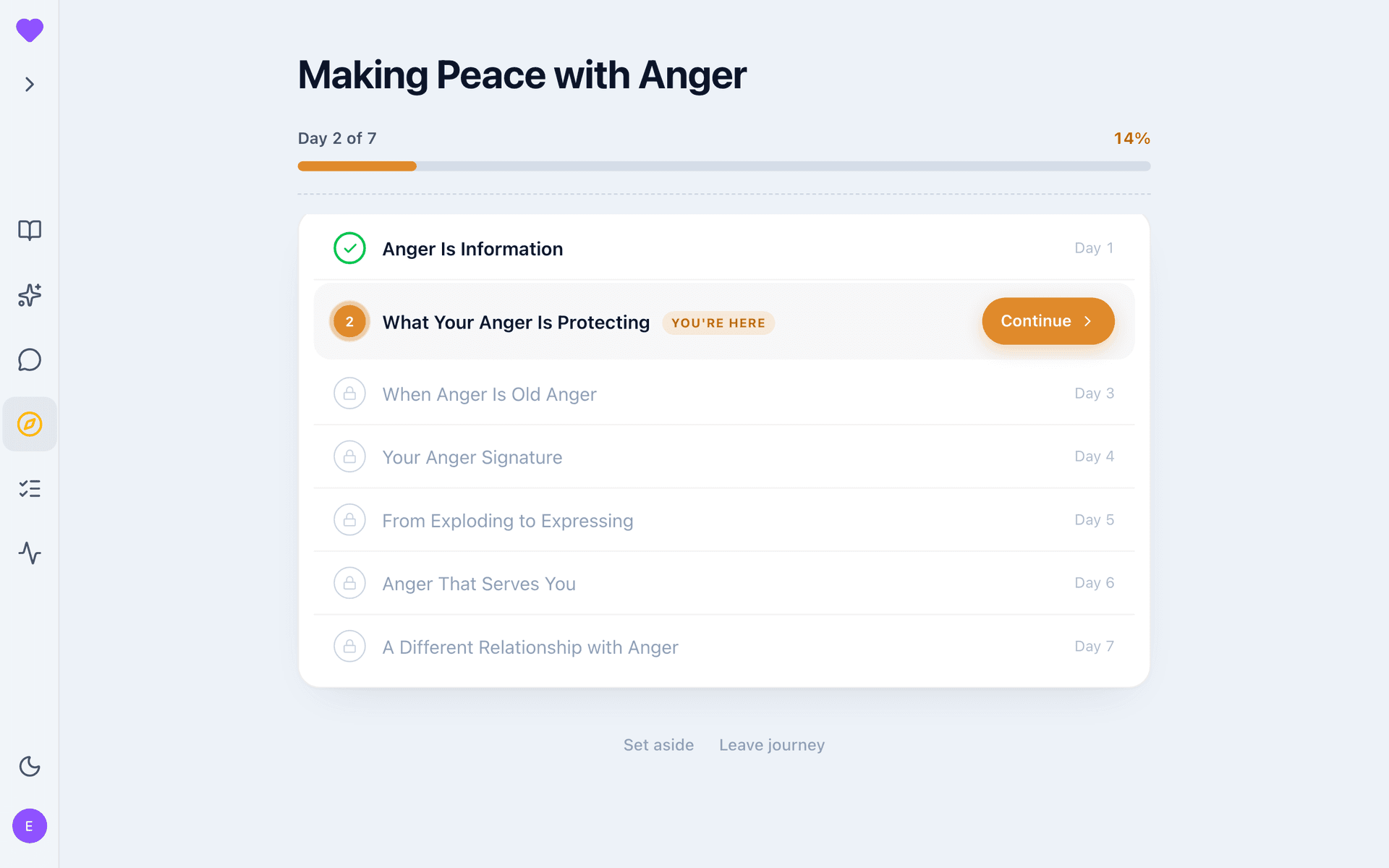 A Making Peace with Anger journey in progress, on day two of the arc