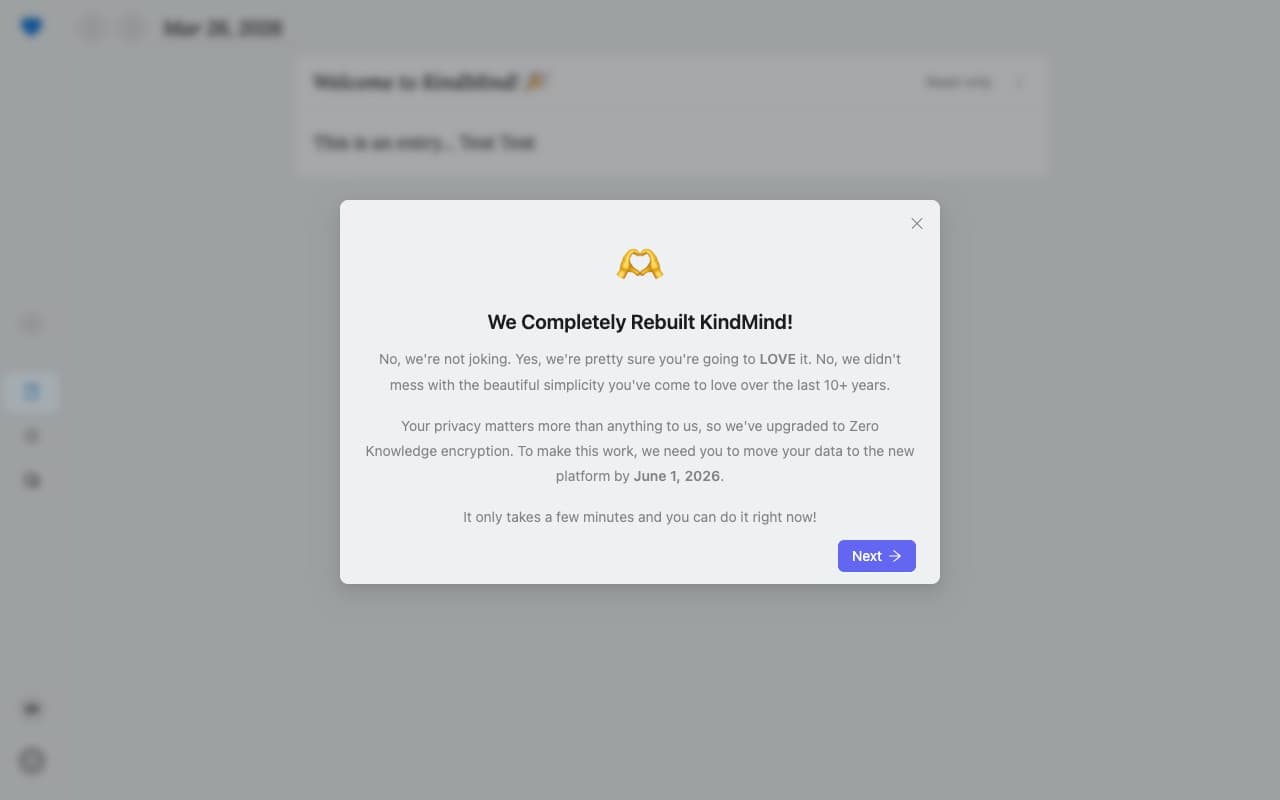 KindMind Classic migration announcement modal