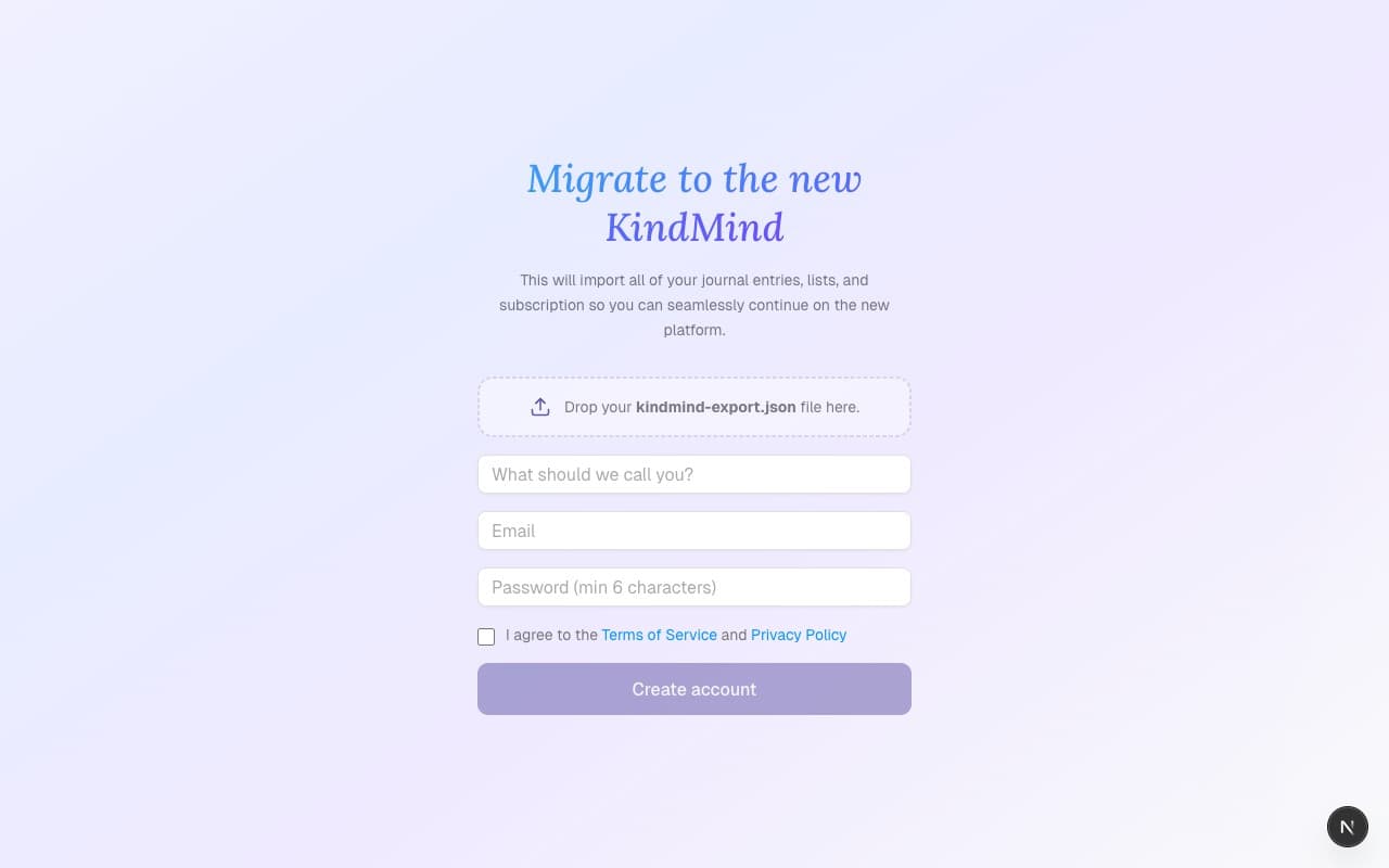 New KindMind migration signup page