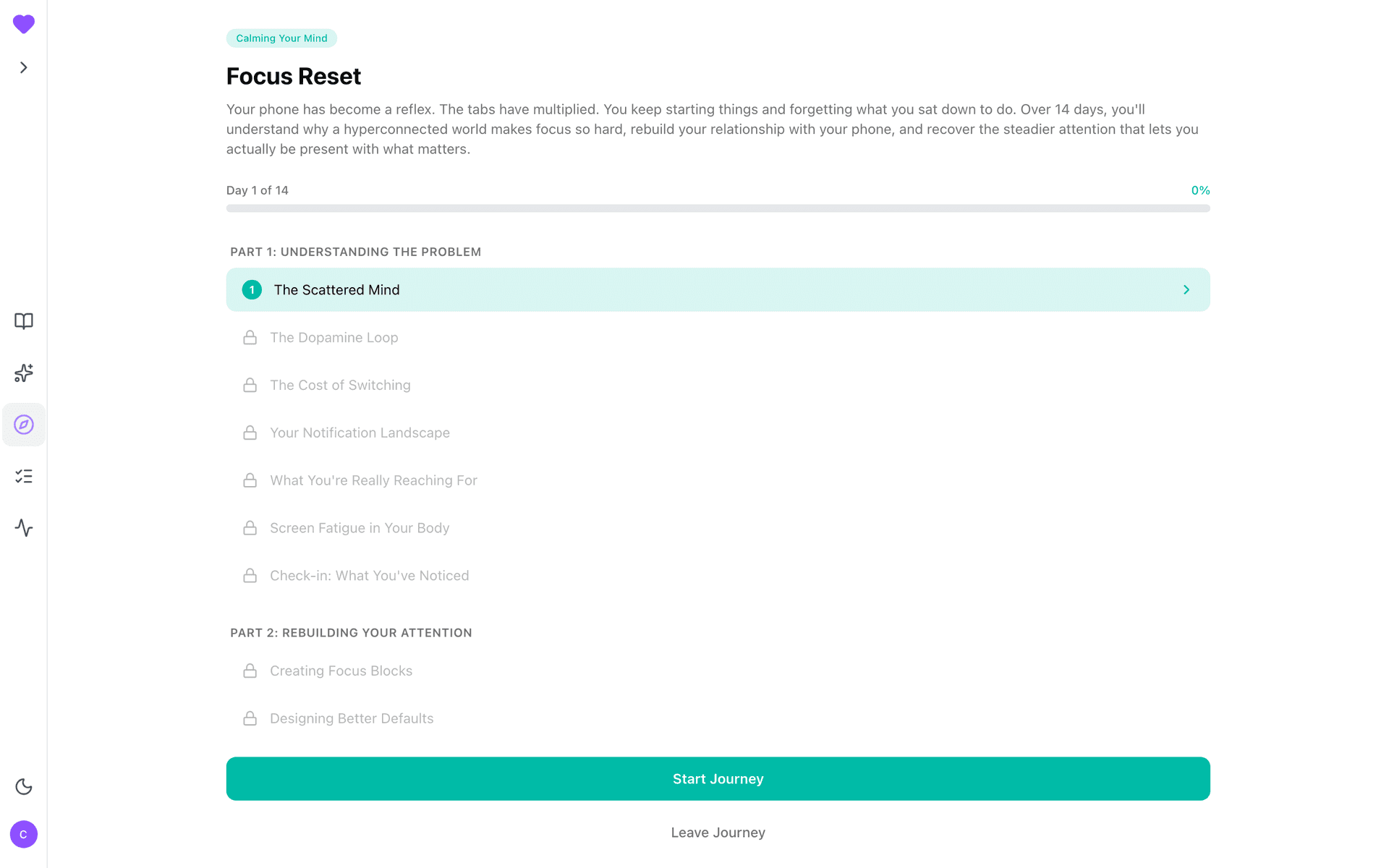 Focus Reset journey overview: day list and Start Journey CTA