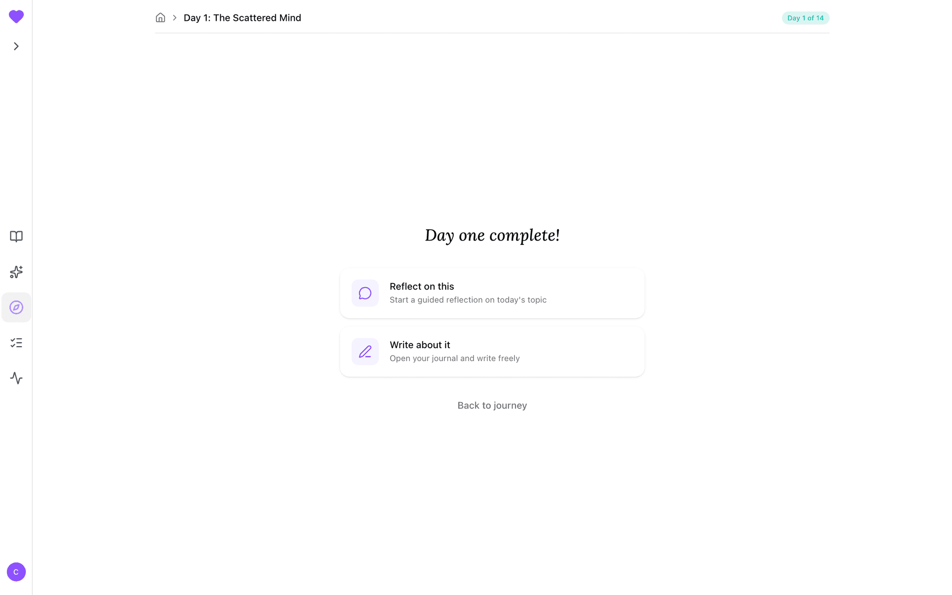 Day one complete! — next-step options after finishing the day