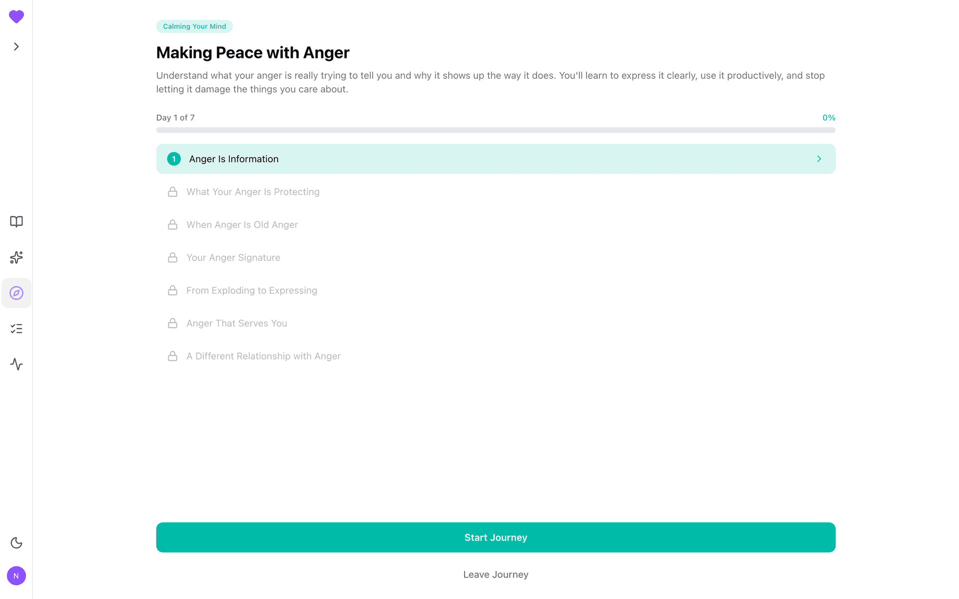 Making Peace with Anger journey overview: day list and Start Journey CTA