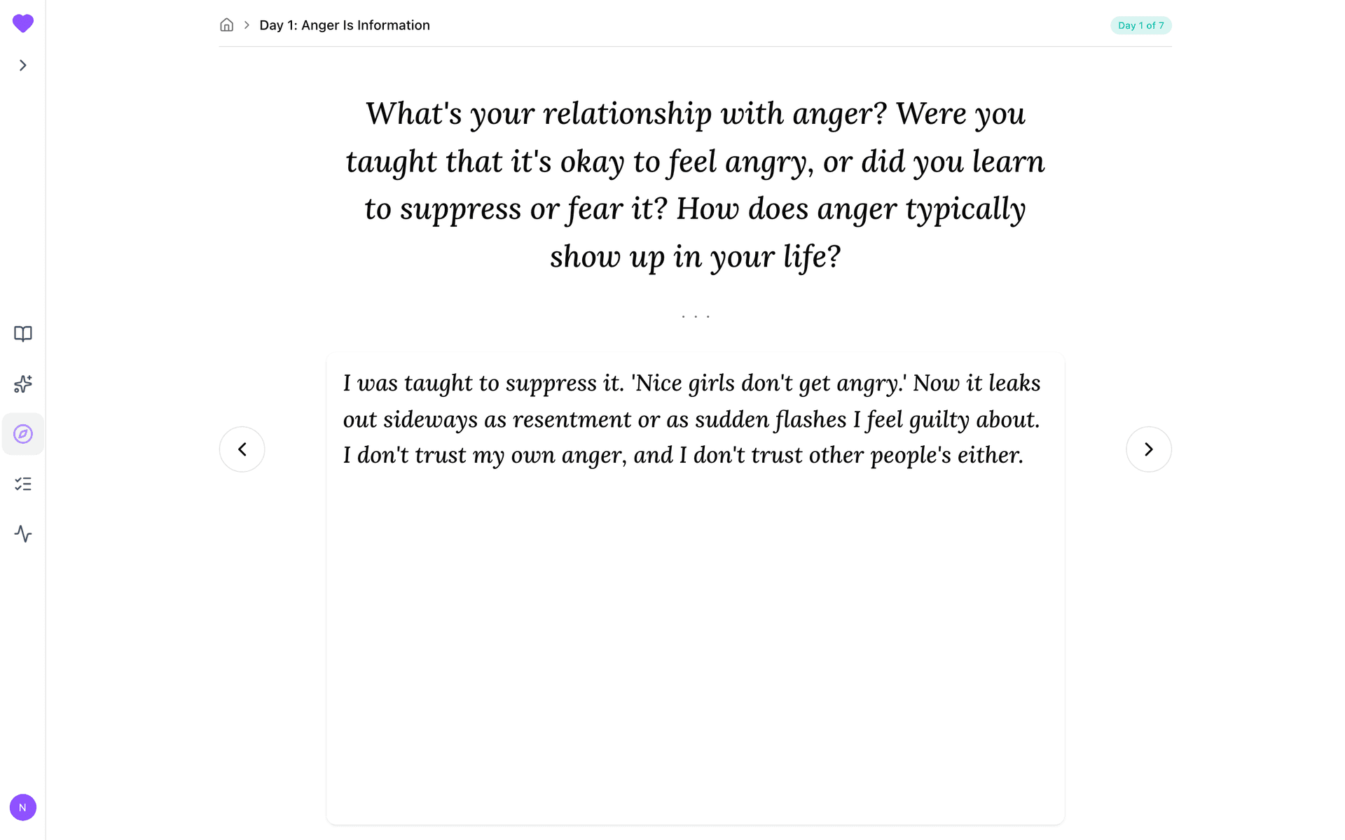 Day 1 journal prompt with a written response