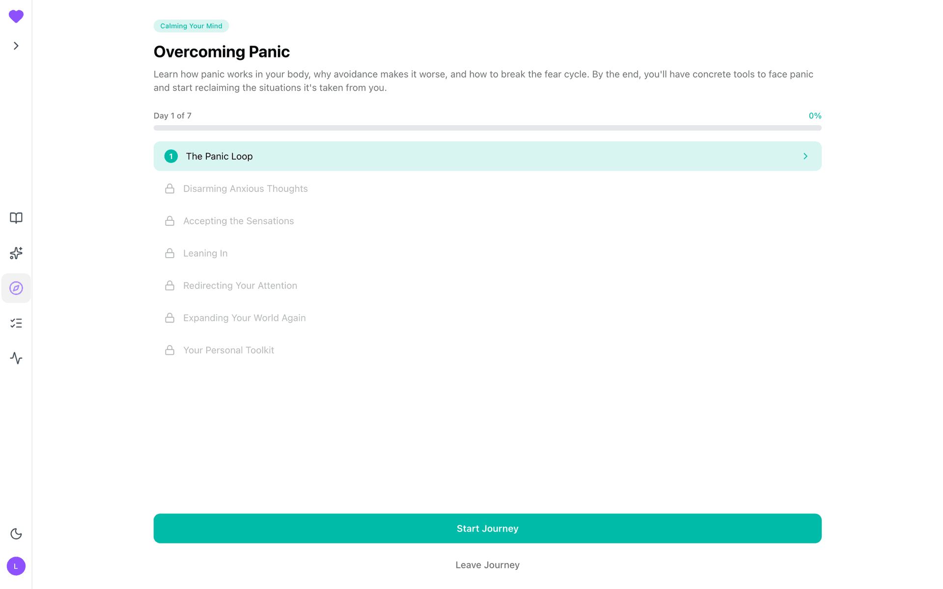 Overcoming Panic journey overview: day list and Start Journey CTA
