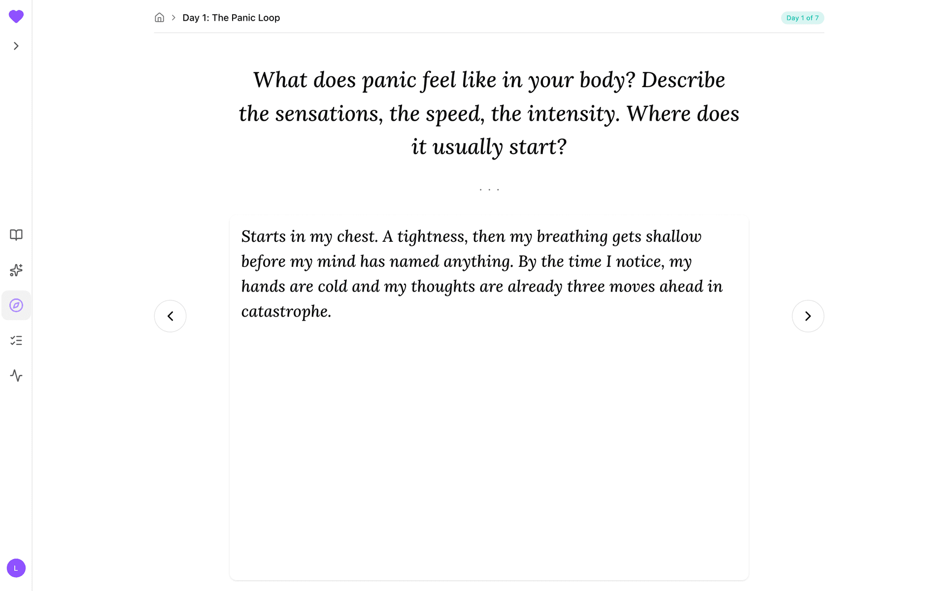 Day 1 journal prompt with a written response