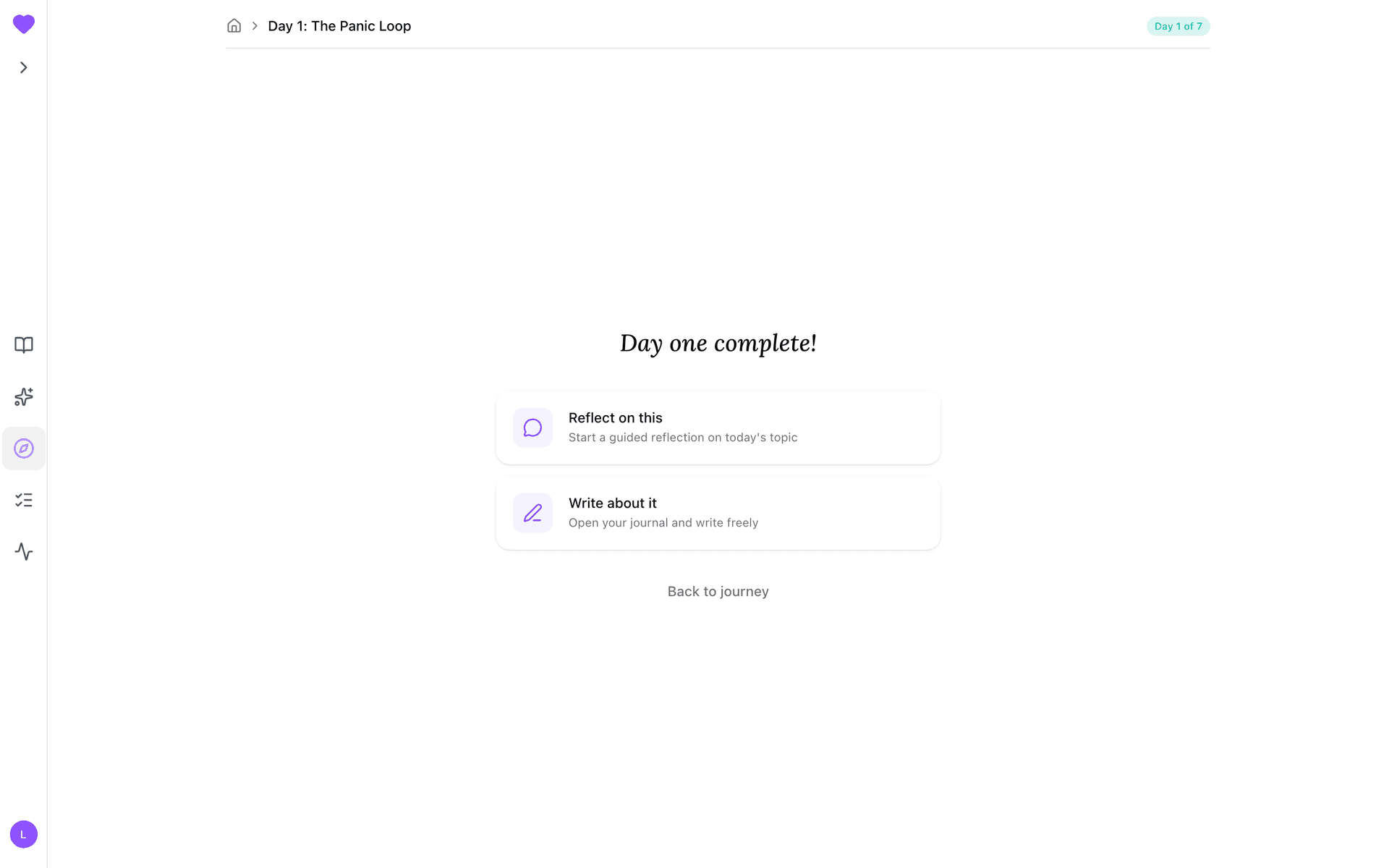 Day one complete! — next-step options after finishing the day