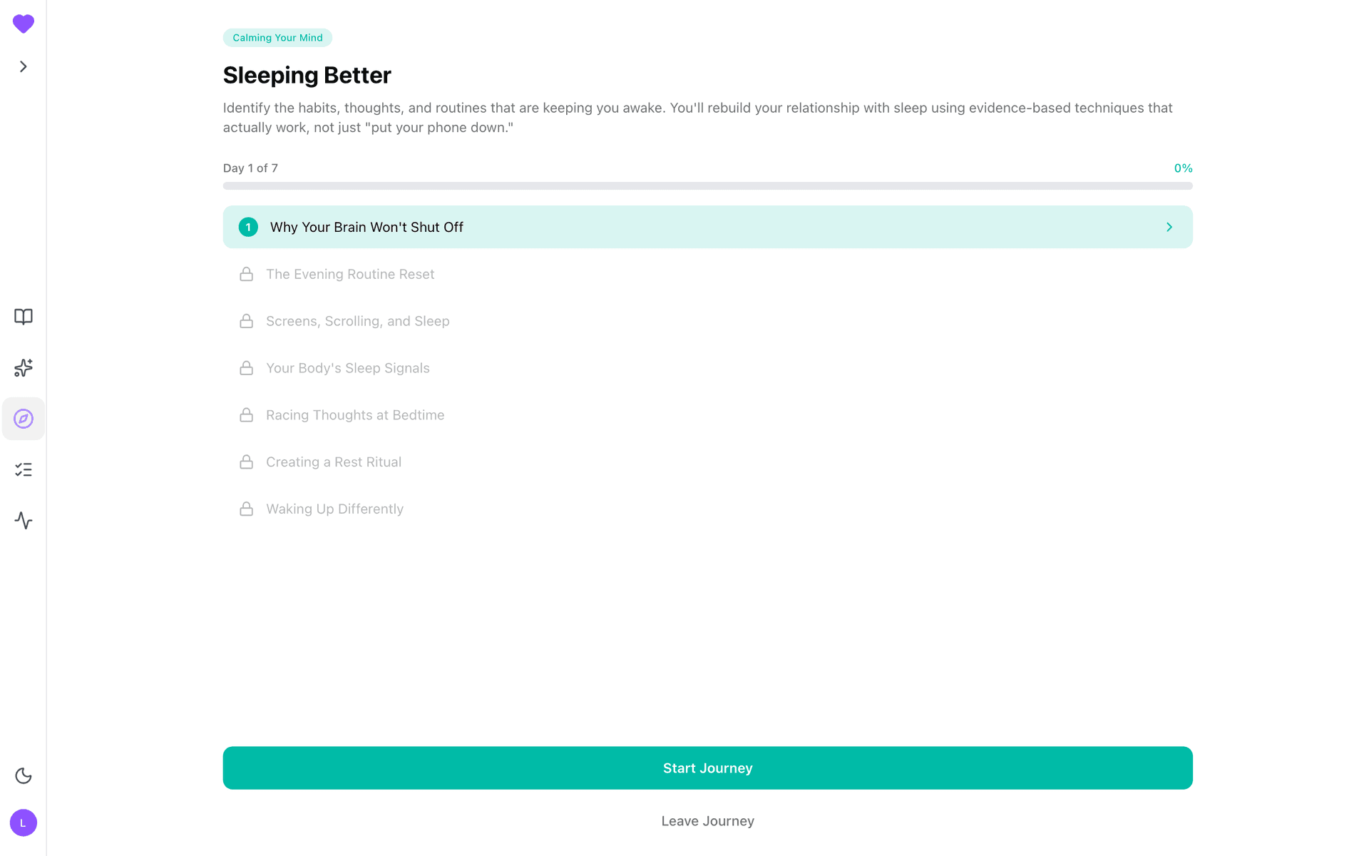 Sleeping Better journey overview: day list and Start Journey CTA