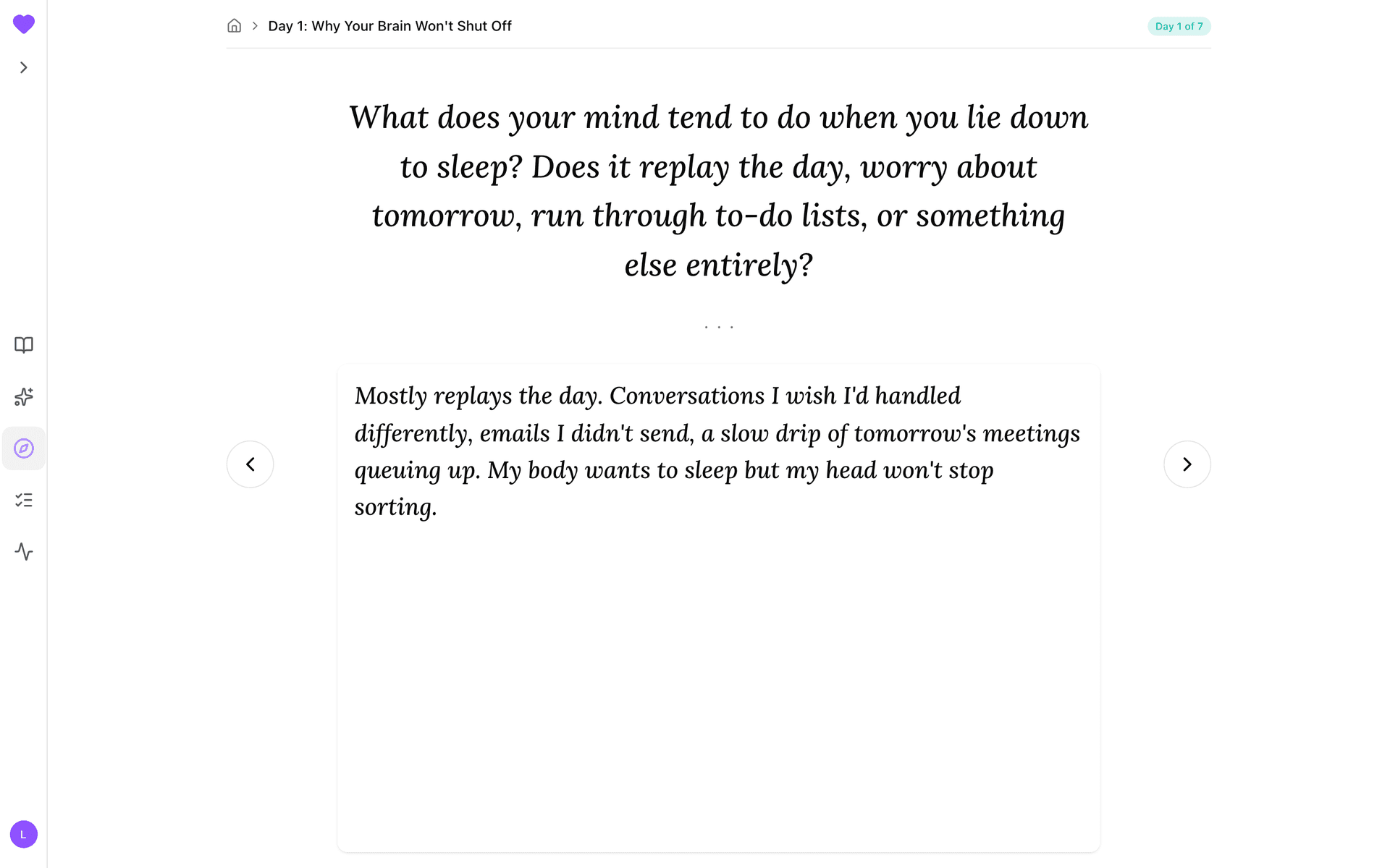 Day 1 journal prompt with a written response
