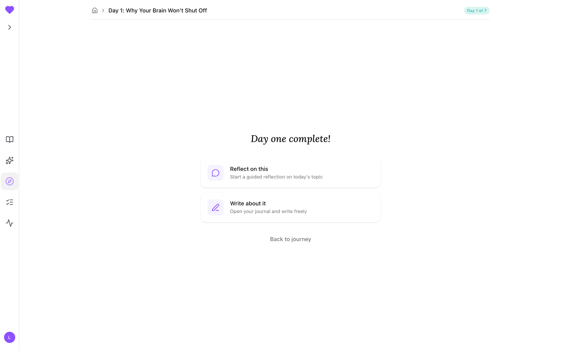 Day one complete! — next-step options after finishing the day