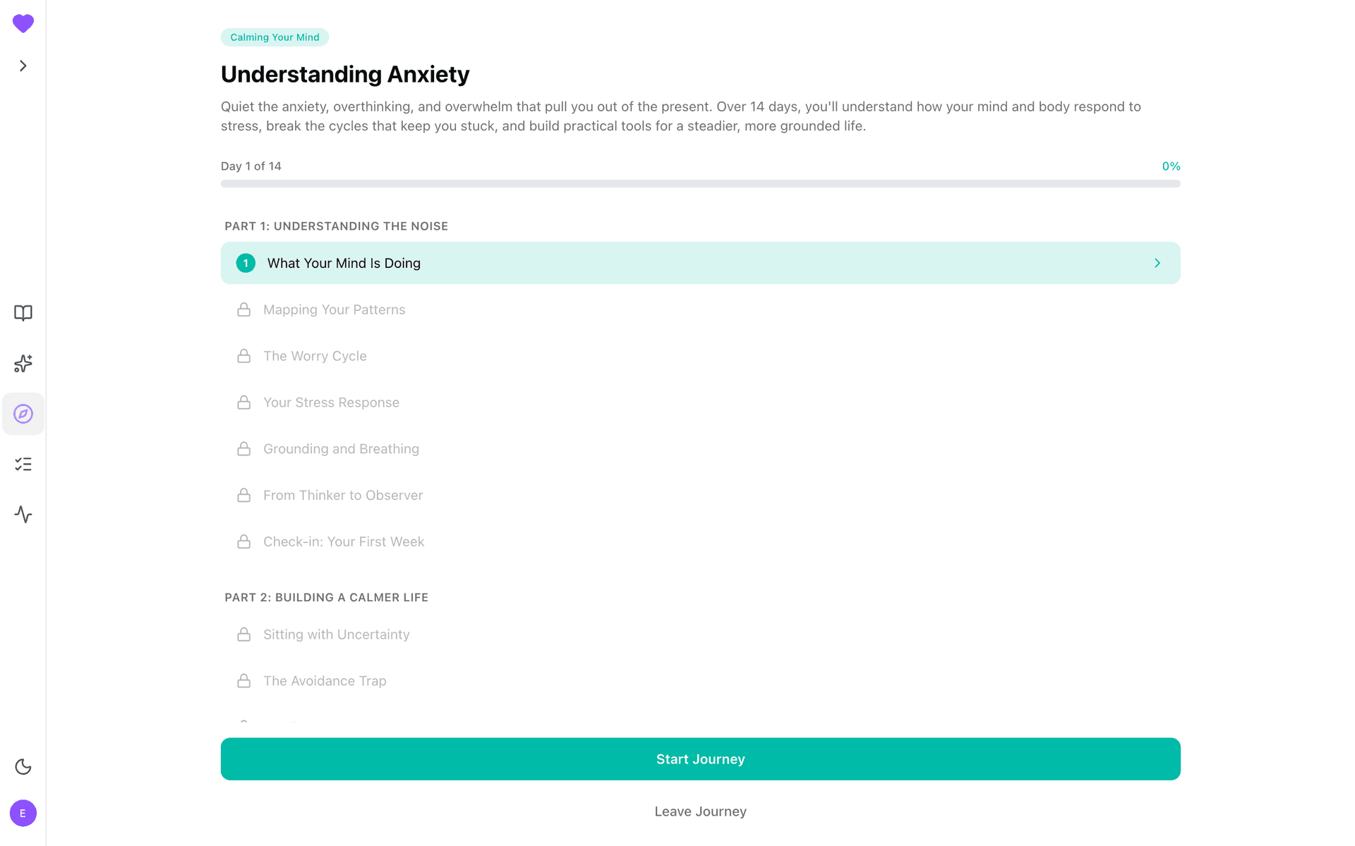 Understanding Anxiety journey overview: day list and Start Journey CTA