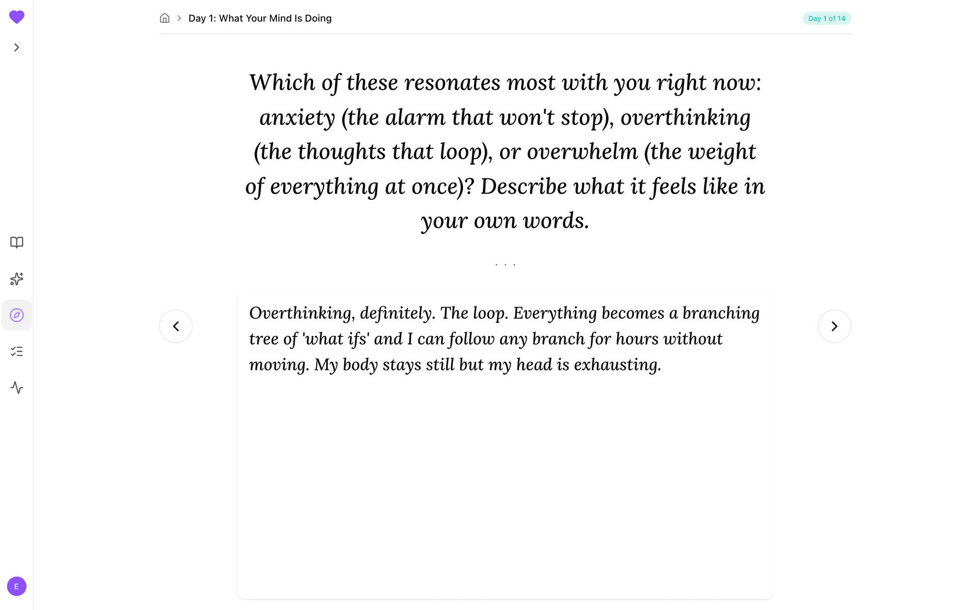 Day 1 journal prompt with a written response