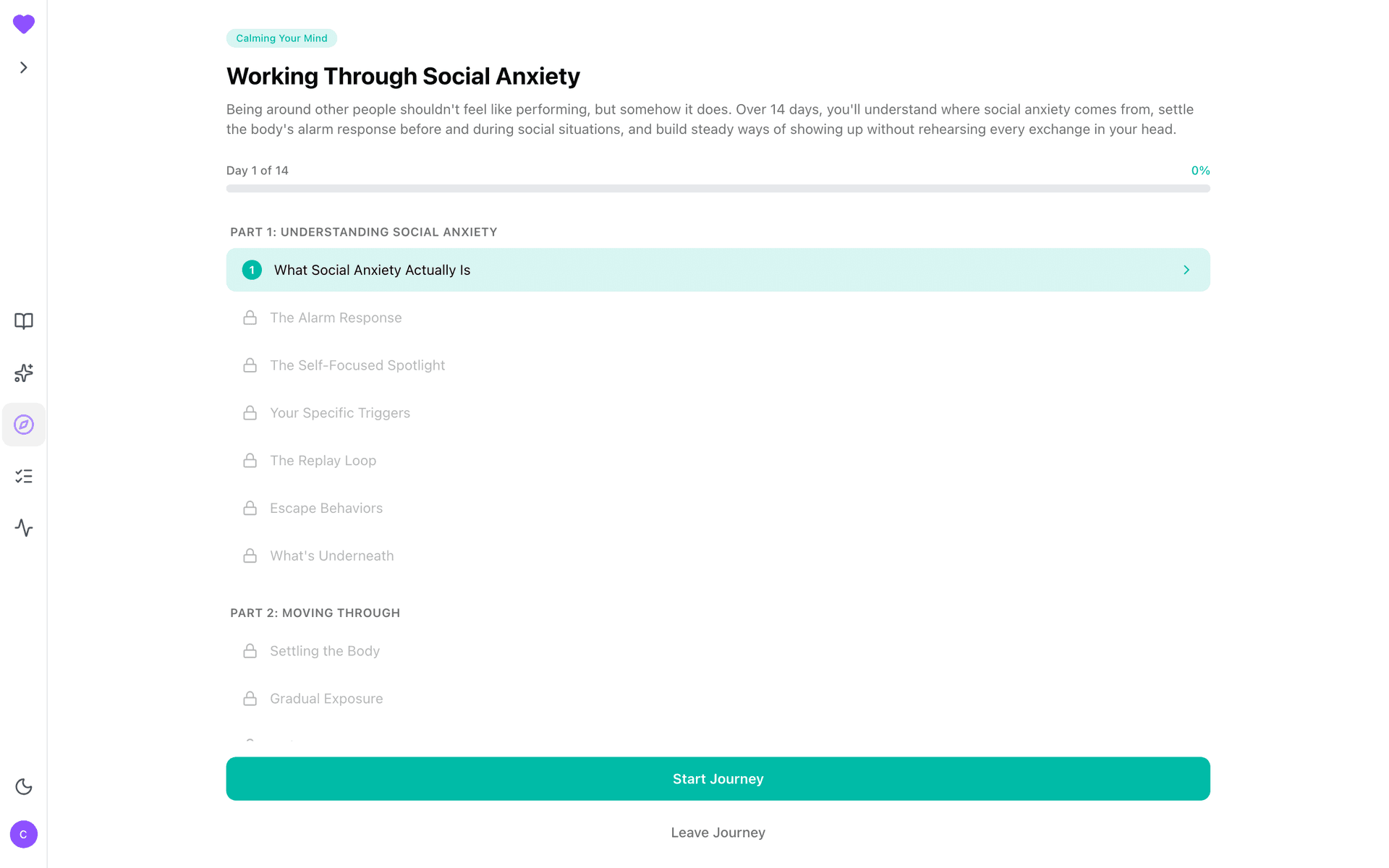 Working Through Social Anxiety journey overview: day list and Start Journey CTA