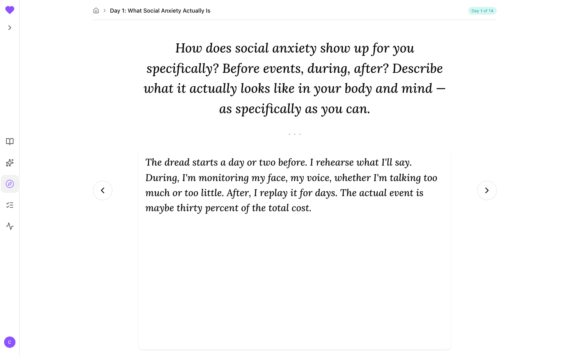 Day 1 journal prompt with a written response
