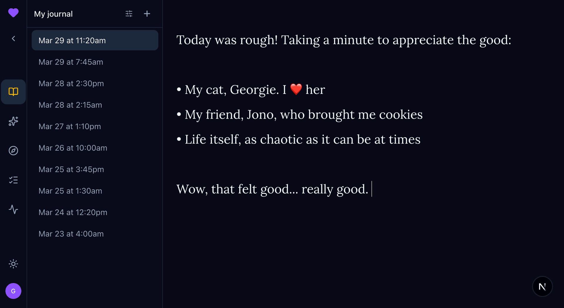 KindMind journal in dark mode