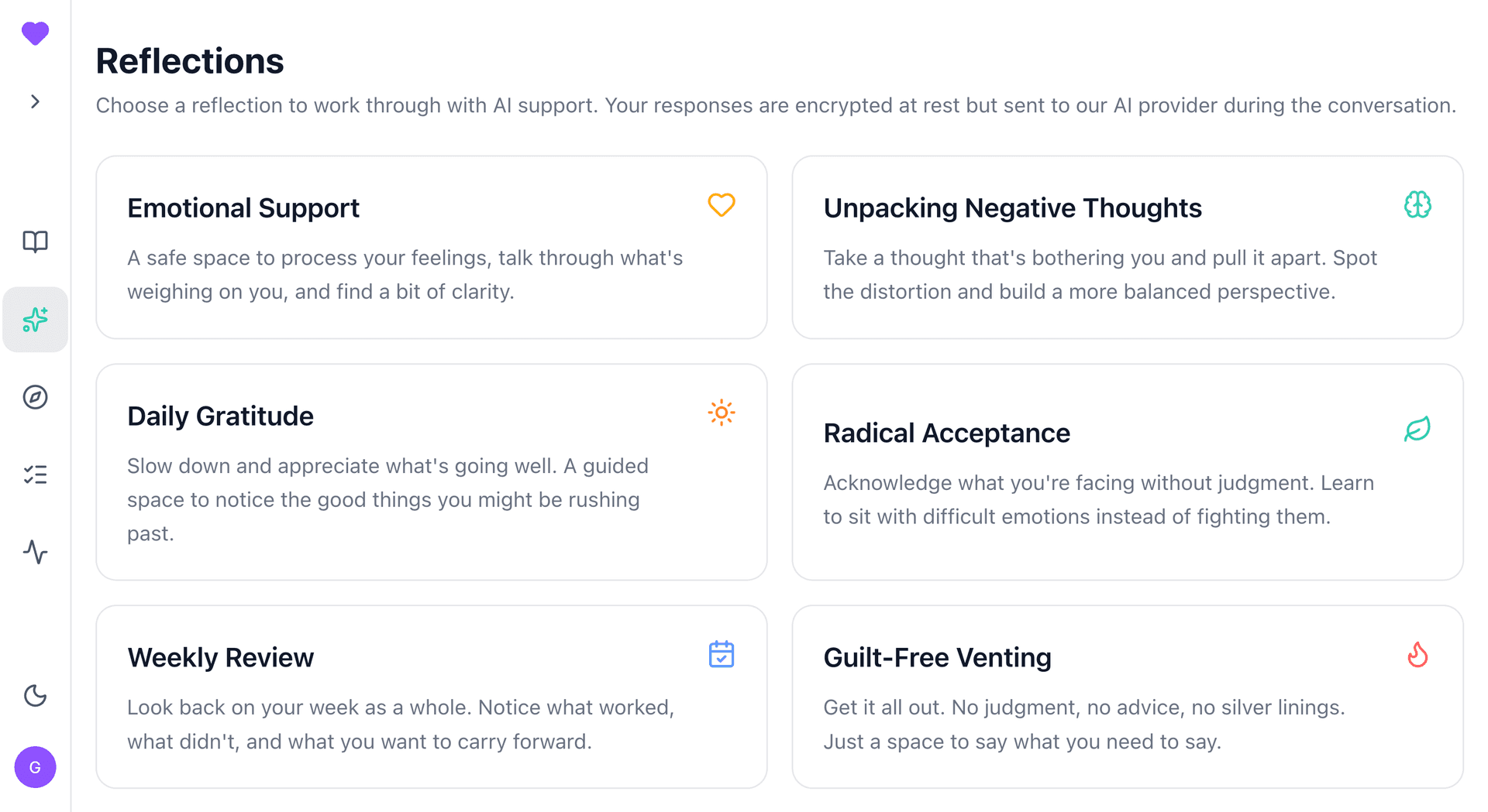 KindMind reflections picker showing available exercises