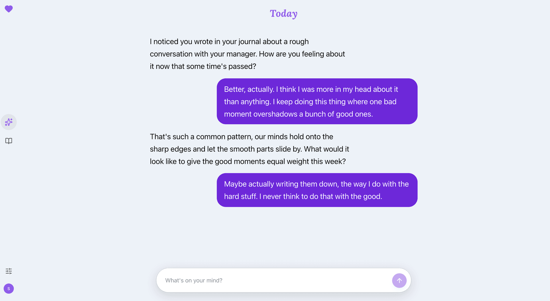 The Guide referencing a recent journal entry: asking how a hard conversation feels now that time has passed