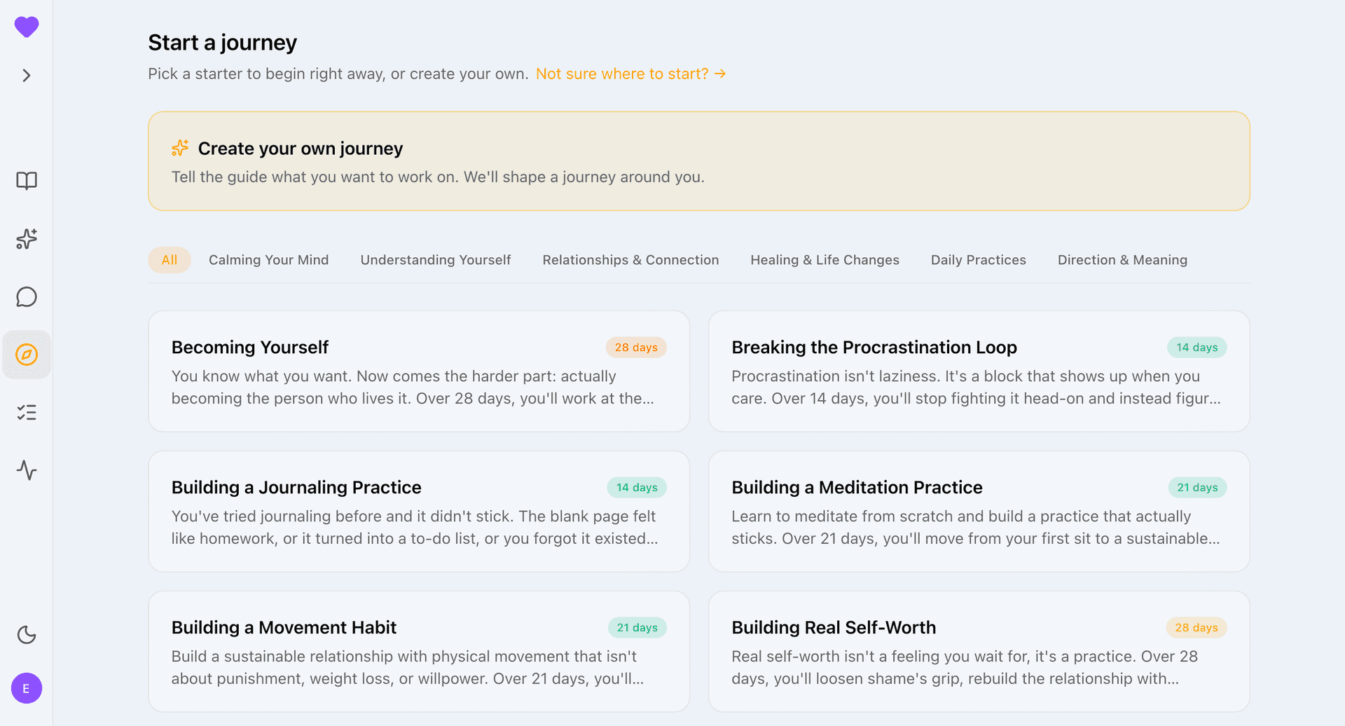 KindMind journey starter library: browse journeys or create your own