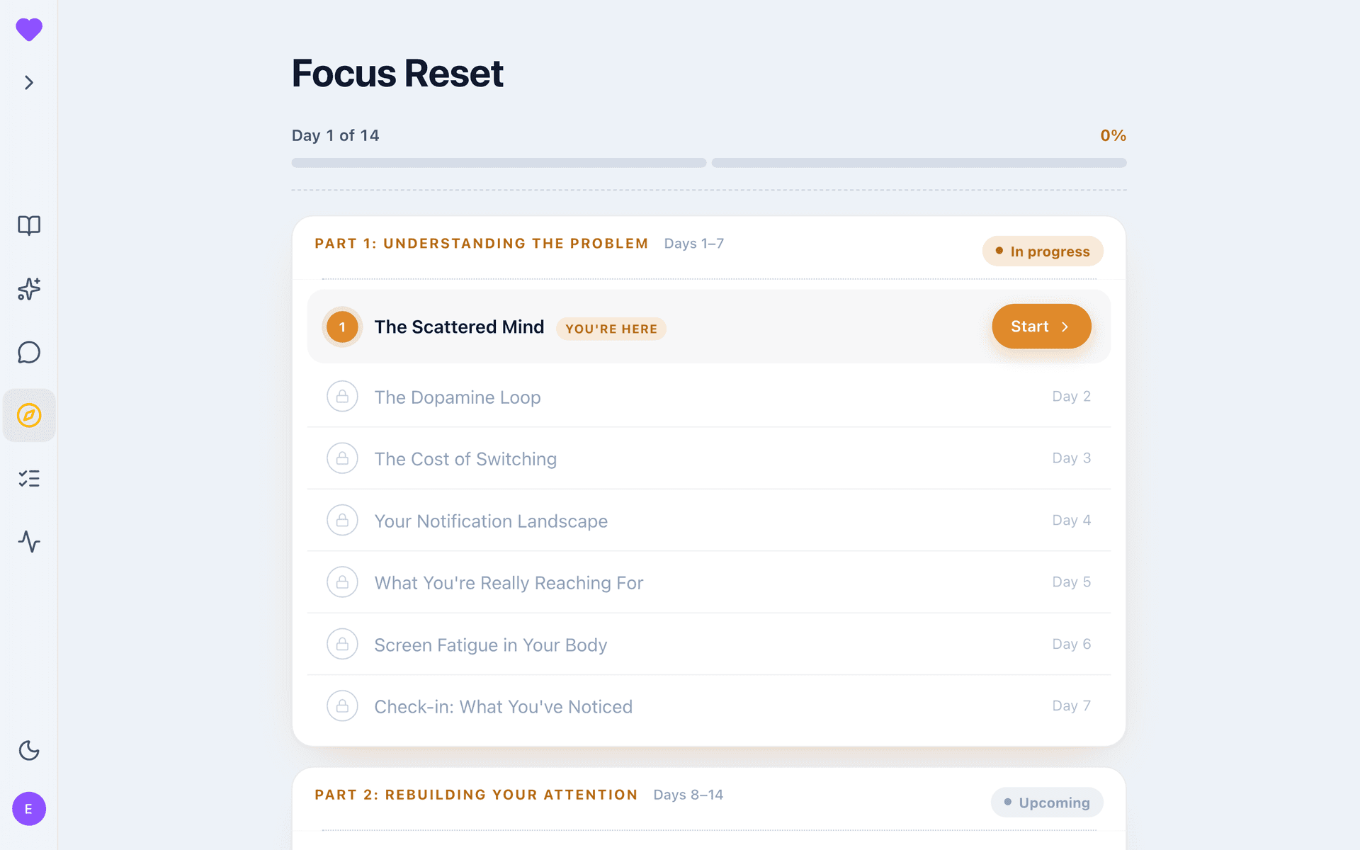 Focus Reset journey overview: the 14-day attention plan, grouped into parts